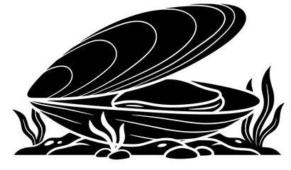 Mussel Shell Black and White Ocean Silhouette Vector © abdul