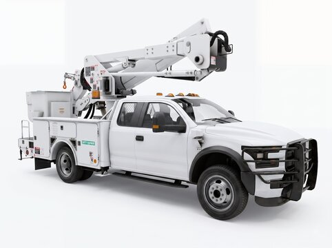 White utility truck with aerial boom lift service vehicle front three quarter
