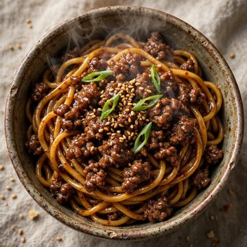 Korean Ground Beef and Noodles Bowl 29 - A hyper-realistic macro shot 