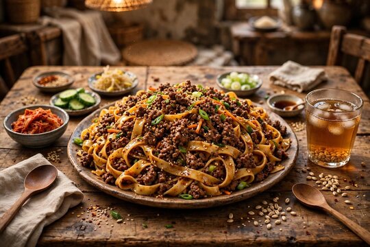 Korean Ground Beef and Noodles Bowl 37 - A detailed top-down shot of s