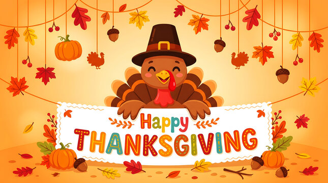 Cute cartoon turkey wearing pilgrim hat holding happy thanksgiving banner