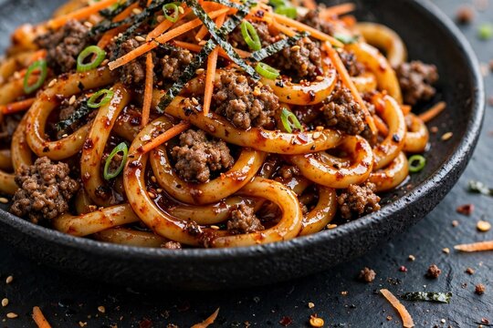 Korean Ground Beef and Noodles Bowl 49 - A high-end shot of a steaming