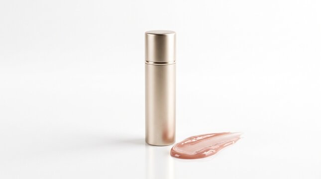 Rose gold cosmetic bottle with liquid smear. Elegant makeup container on white background. Luxury skin care product mockup.