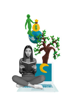 Vertical photo collage of astonished girl sit macbook device hold book imagination fairy tale personage isolated on painted background