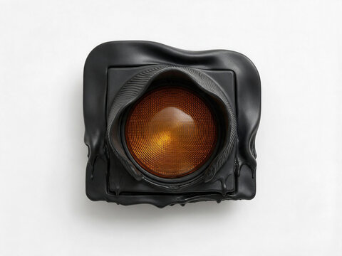 A melted traffic-light housing with a single amber lens, top-down flat-lay product shot at 90 degrees straight down, isolated on a pure white seamless background.
