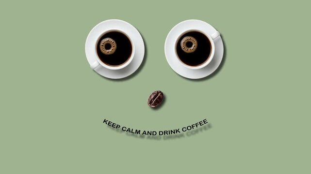 Creative coffee cups forming a smiling face animation with text on green background.