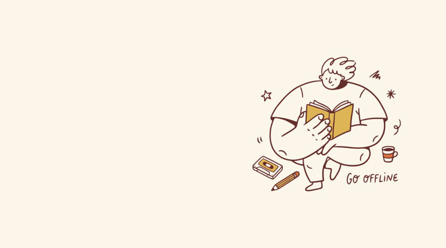 Minimalist hand-drawn illustration of man reading book, go offline concept art, cozy digital detox vector with warm earth tones