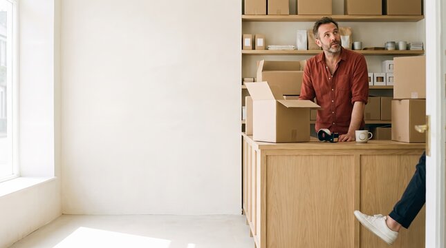 Owner looks up from the parcels the moment a customer actually walks in, serving both channels at once with copy space