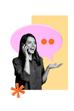 Vertical art banner collage of happy girl speak phone distance communication chatterbox icon conversation dialogue phrase