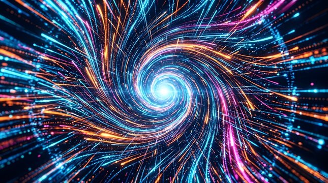 Abstract Light Speed Tunnel Traveling At High Velocity, Long Blue Orange And Pink Light Streaks Emerging From Bright White Light At The End Of Dark FTL Space Warp Corridor