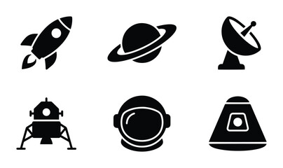 Space Exploration Icons: Rocket, Saturn, Satellite Dish, Lunar Lander, Astronaut Helmet, Capsule © Tasin