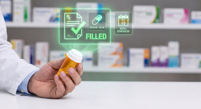 hand holds glowing prescription fulfillment interface above pill bottle to confirm order filled status, verify refill schedule date, track dosage information, and manage pharmacy healthcare