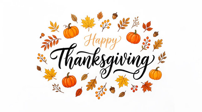 Happy thanksgiving greeting card with watercolor pumpkins and autumn leaves