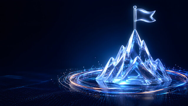 glass mountain peak with flag glowing above digital ring symbolizing achievement success and business goal victory
