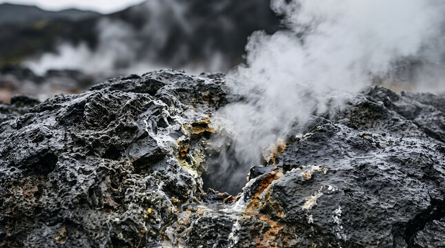 macro Volcanic Steam and Sulfur Vent on Lava Rock