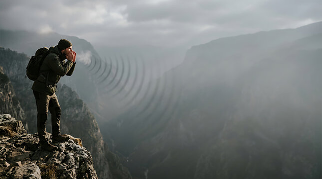 A man on a rugged mountain cliff unleashes a powerful shout, visualizing sound waves rippling across the vast, misty valley, symbolizing human connection to nature's grandeur