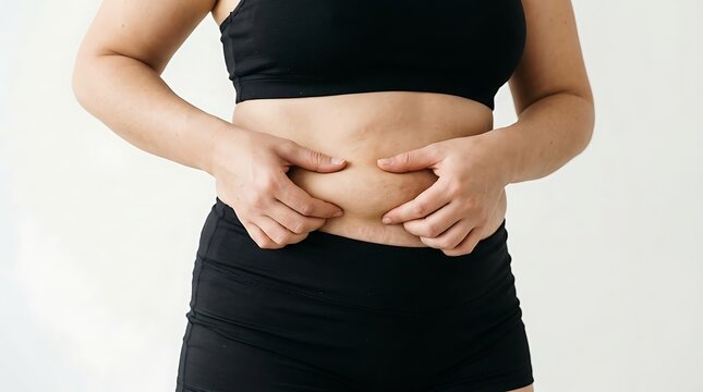 Woman pinching belly fat, concerned about weight gain and body image issues