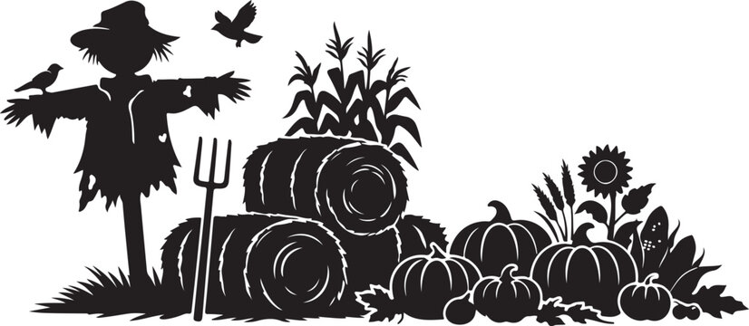 Harvest display with hay bales pumpkins and a scarecrow silhouette vector