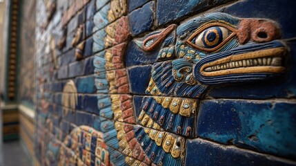 Obraz premium babylonian. Reconstructed wall with glazed bricks depicting a patterned mythical beast. real-estate listings, architecture portfolios, designed for interior renovation comparisons for interiors.