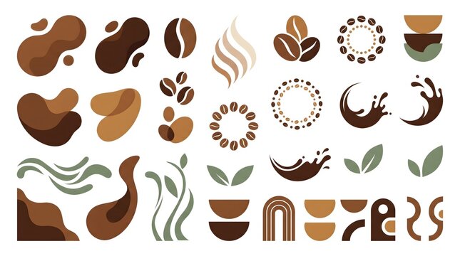 Collection of coffee themed vector icons and abstract shapes for modern cafe branding and design.