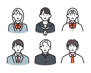 Obraz premium シンプル イラスト 不満そうな表情をする男女の学生6人セット ベクターイラスト