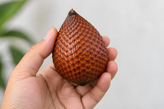 Hand holding single ripe salak snake fruit with sharp scaly brown skin against blurred background.