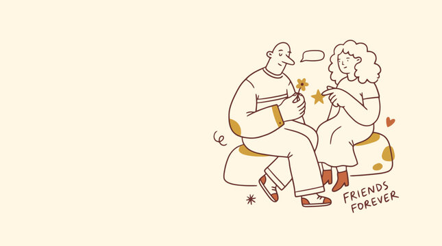 Minimalist line art illustration of friends forever, hand drawn couple sitting together, simple doodle of friendship and love