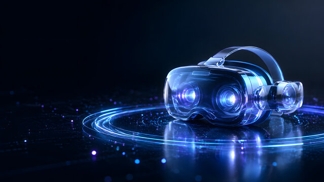 glowing glass virtual reality headset illuminated with blue purple light background design representing gaming technology innovation