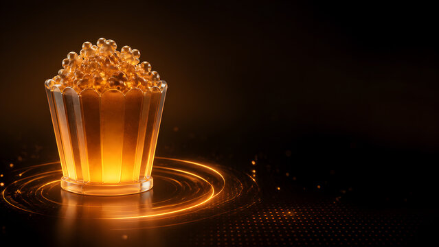 glowing glass popcorn bucket filled with golden kernels on dark background design representing cinema movie entertainment