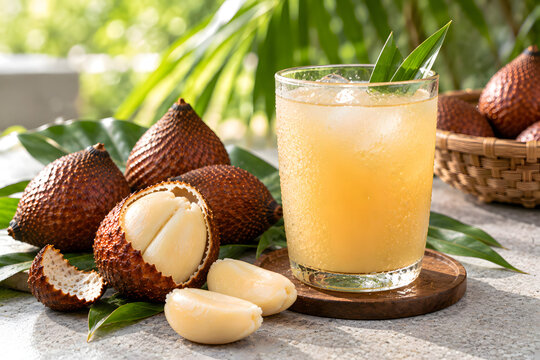 Cold glass of salak snake fruit juice with ice cubes and whole fruits on sunny garden patio table.