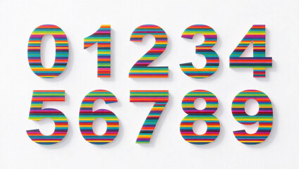 Obraz premium Complete numeral set from zero to nine featuring vibrant horizontal rainbow stripes, isolated on white with copy space.