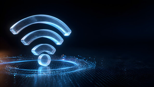 transparent blue glass wifi signal icon glowing on digital light background for wireless technology