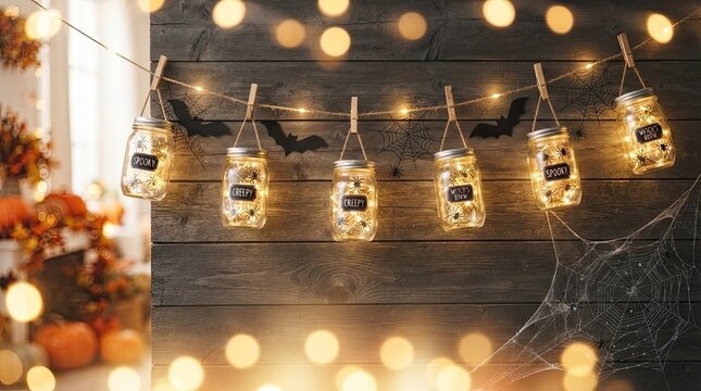 Hanging Mason Jar Halloween Lights with Fairy String Lights on Rustic Wooden Background
