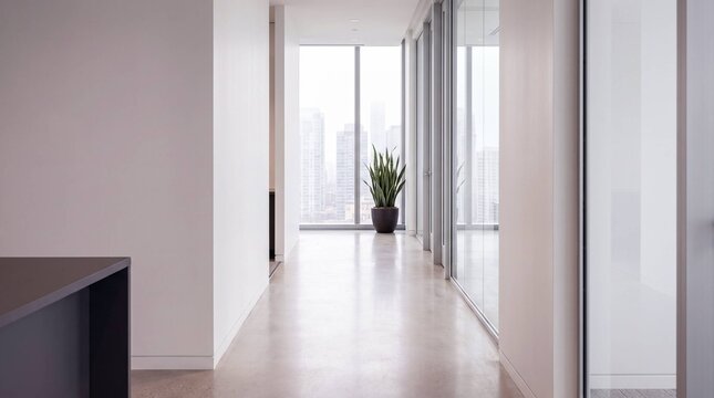Empty minimalist office hallway with glass walls and city skyline view through floor to ceiling windows