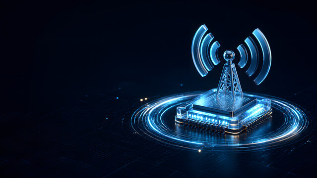 Glowing wireless signal tower stands above computer chip representing wifi network technology digital connectivity system