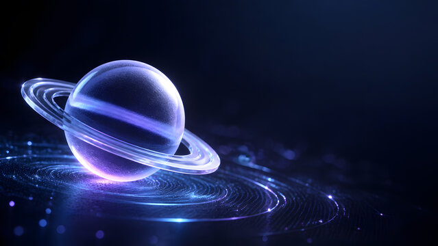 Glass planet glowing purple blue with ring floating above digital circle dark background space astronomy science