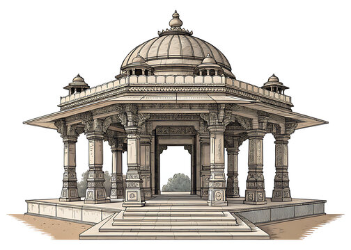 Traditional Indian temple mandapa, stone pillars, domed roof, ornate entrance, simplified ornamental details