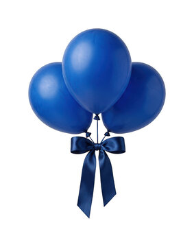 Three blue balloons with ribbon cutout on transparent for party layout