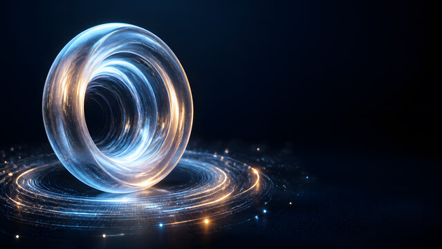 Glass torus ring glowing representing portal tunnel circle vortex abstract loop sphere wormhole spiral energy dimension