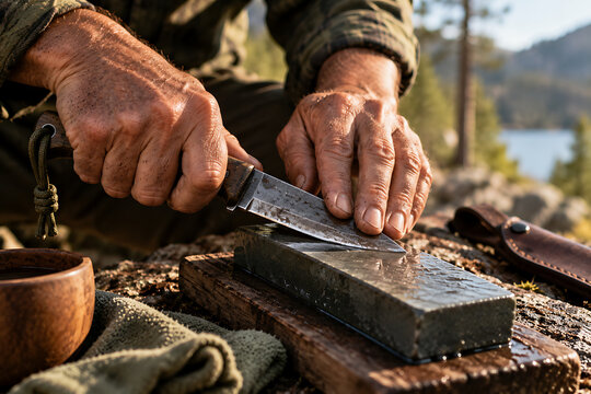 Weathered Hands Sharpening a Bushcraft Knife on a Whetstone