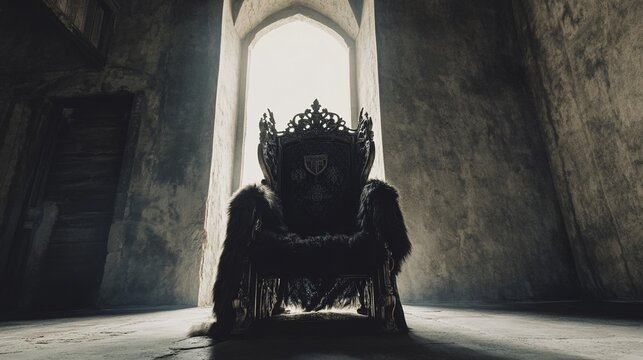 throne. Empty ornate throne in a castle hall, dramatic light from a high window. real-estate listings, architecture portfolios, designed for real-estate listing and luxury residence showcases.
