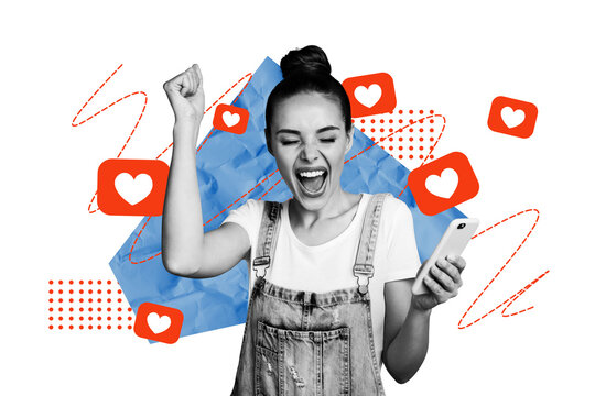 Creative photo collage young woman celebrate victory smartphone digital device icon notification blogger feedback popularity