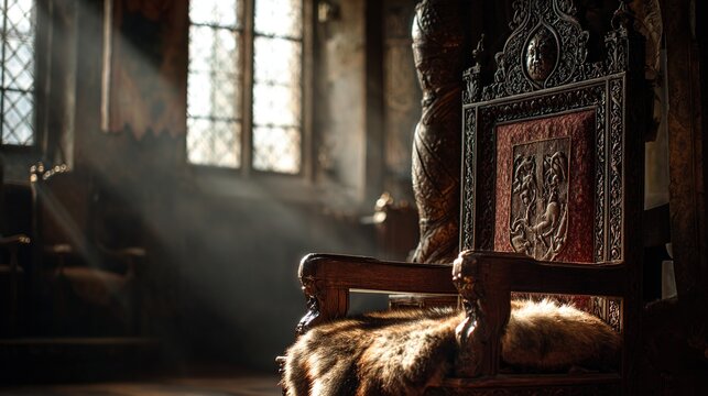 throne. Empty ornate throne in a castle hall, dramatic light from a high window. real-estate listings, architecture portfolios, designed for real-estate listing and luxury residence showcases.