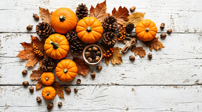 Autumn pumpkins and fall leaves on a rustic white wooden background