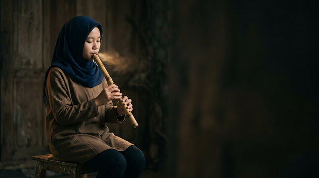 Young Muslim Girl in Hijab Playing Traditional Bamboo Flute Musical Instrument in Dark Rustic Room