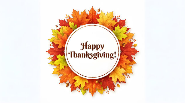 Happy thanksgiving greeting card with a colorful autumn leaf wreath