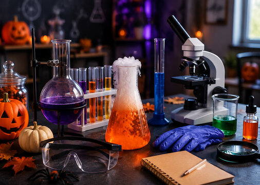 Spooky Halloween chemistry lab setup with bubbling colorful potions, carved pumpkins, microscope, and protective safety gear on a dark workbench