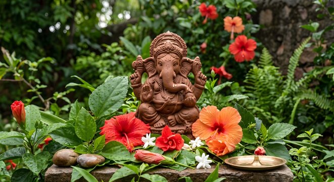 Terracotta Ganesha Statue with Vibrant Hibiscus and Jasmine Flowers in a Lush Green Garden, Symbolizing Spirituality and Nature
