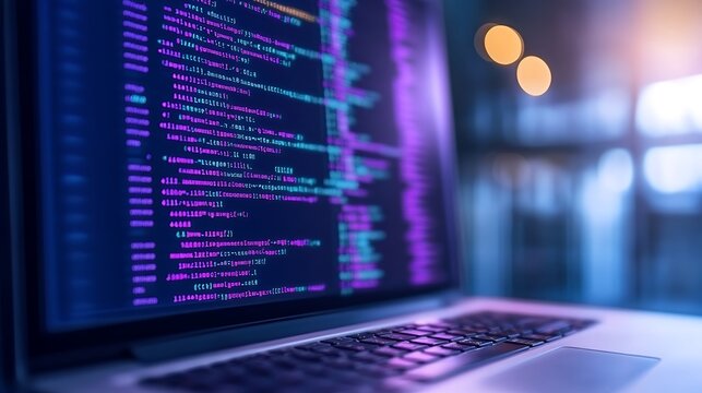 Laptop screen displays glowing lines of code in a dimly lit room, showcasing software development