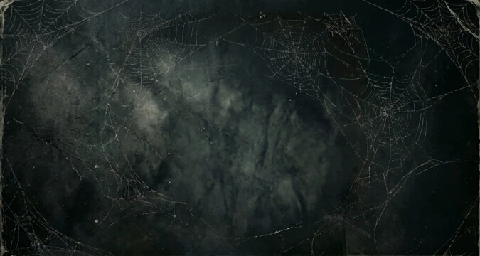 Halloween background Intricate spider web on dark grunge black background with shadow texture and cobweb details.